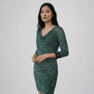 Tory Burch‎ long-sleeve 100% silk  sheath dress in a navy and green print.